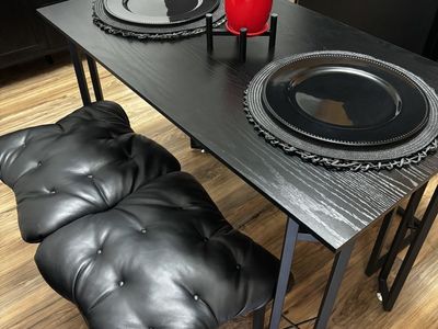 Black rectangle table with bench and 2 stools