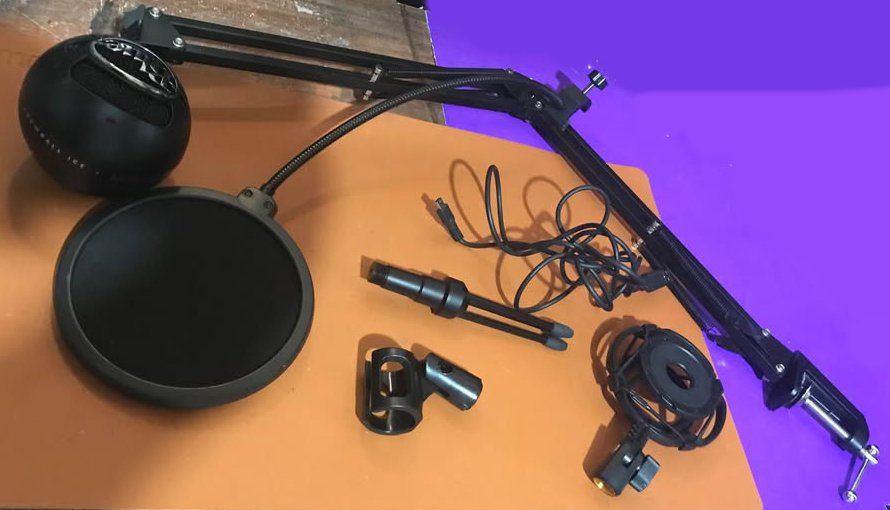 Microphone, pop filter, boom arm
