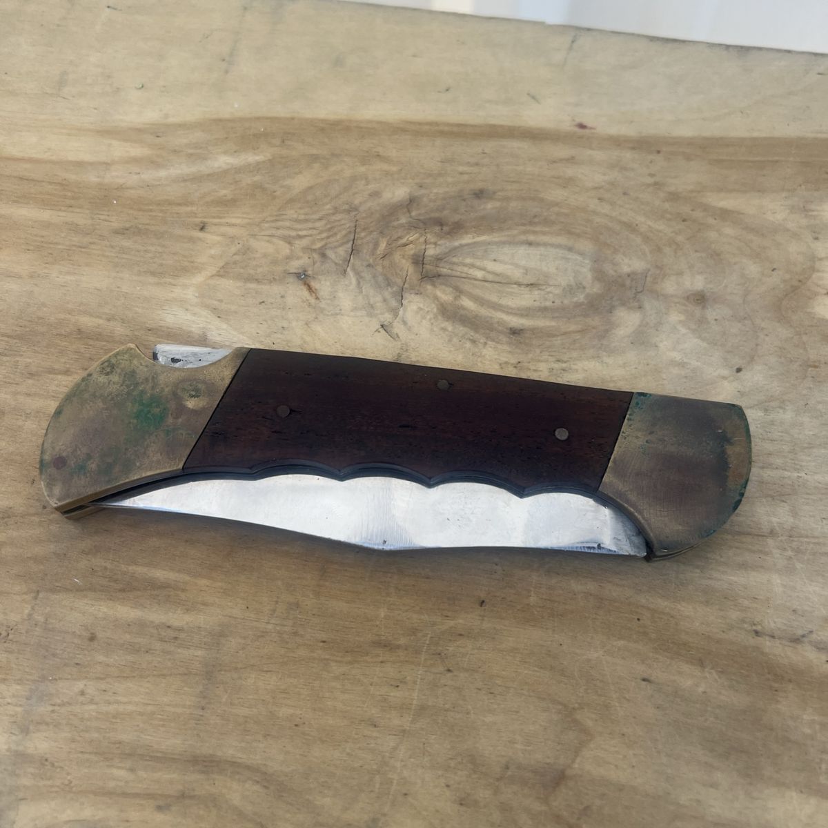 Vintage Pakistan Folding Hunter Knife, Brass & Wood Handle, 11.5" Overall Length