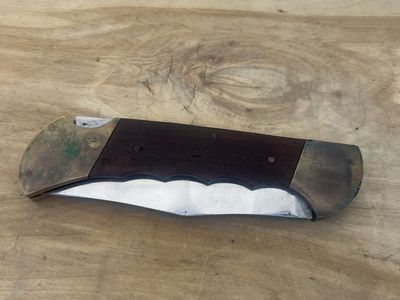 Vintage Pakistan Folding Hunter Knife, Brass & Wood Handle, 11.5" Overall Length