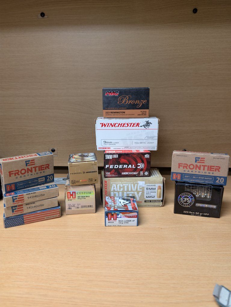 Assorted Ammo: Frontier 5.56 NATO, Federal .454 Casull, Winchester 9mm Luger & More (Mixed Grains). I am open to offers