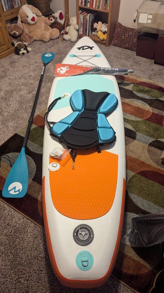 NEW!
TWO SETS - Inflatable Paddle Board with Padded Seat, Paddle, Extra Duel-end Paddle, Inflatable Belt Pack, Cordless Pump