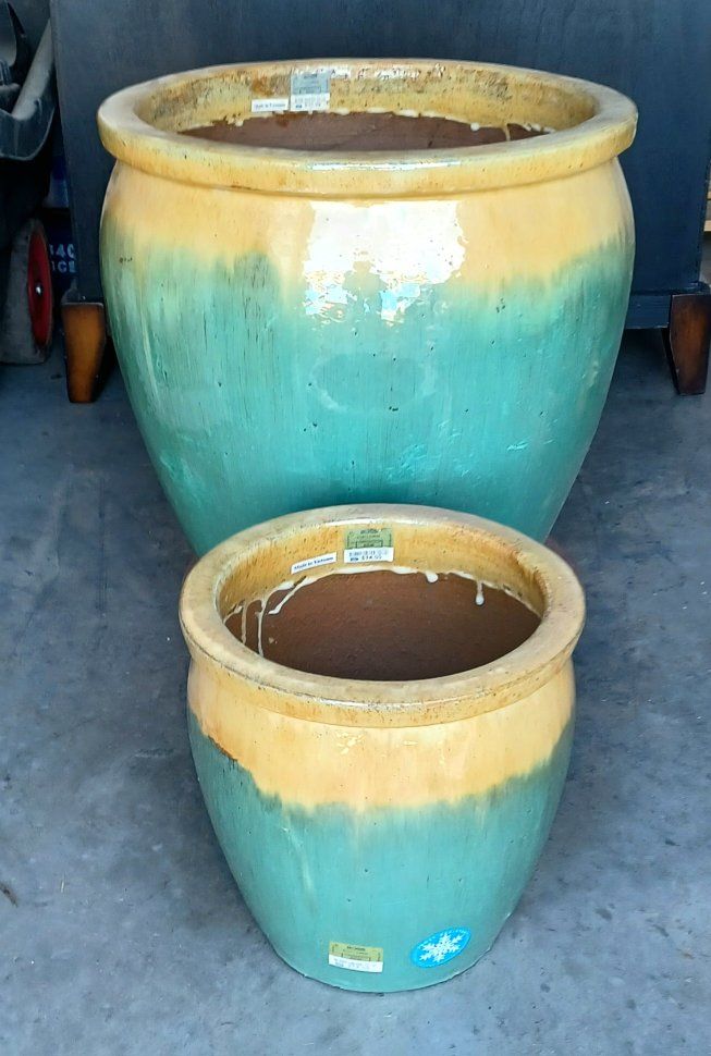 Large & Medium Glazed Ceramic Planters, Teal & Yellow Ombre - 19" x 19" and 12 " x 12".