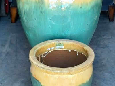Large & Medium Glazed Ceramic Planters, Teal & Yellow Ombre - 19" x 19" and 12 " x 12".