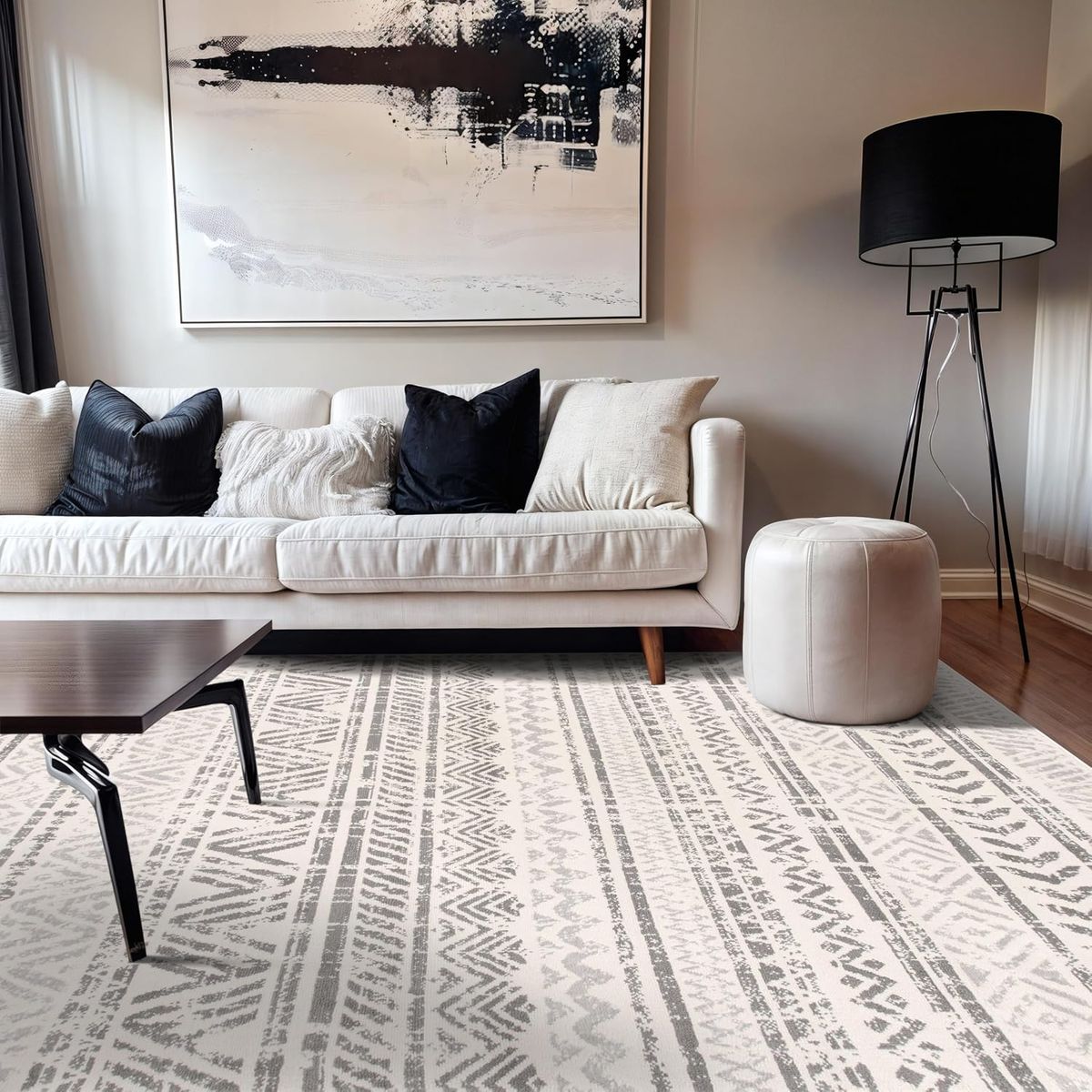 NEW Boho Chic White & Grey Tribal Pattern Area Rug 5x7 - Modern Bohemian Home Decor