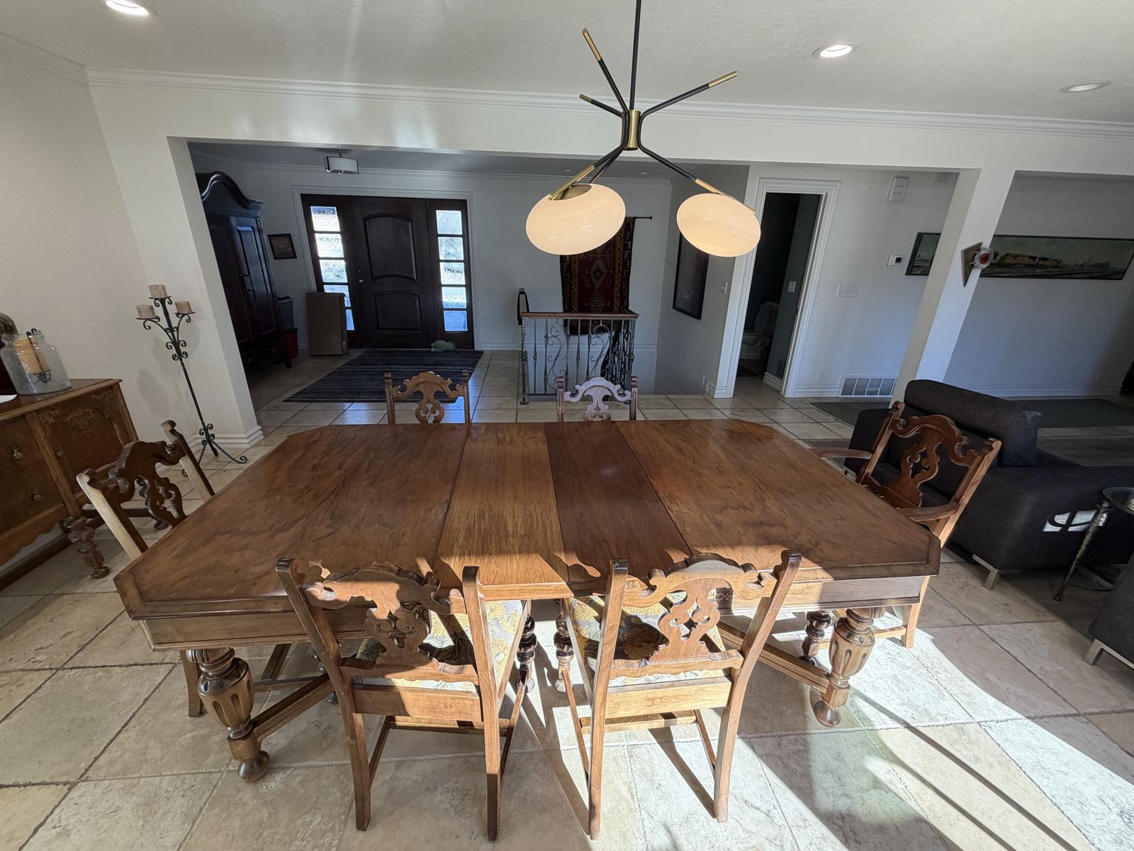 Vintage Wooden Dining Table with Carved Chairs and Matching Buffet Sideboard