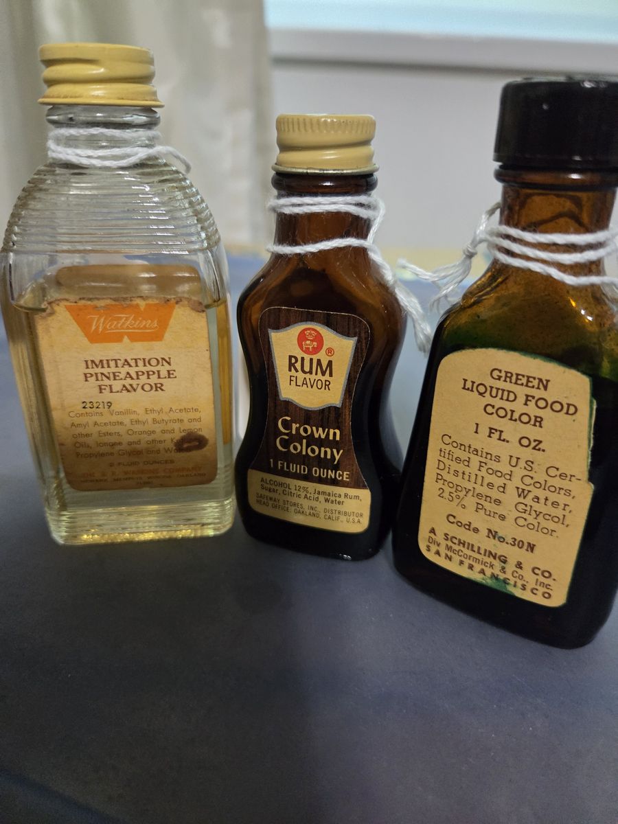 Vintage Watkins, Crown Colony, and Schilling Food Flavoring and Coloring Bottles Lot of 3