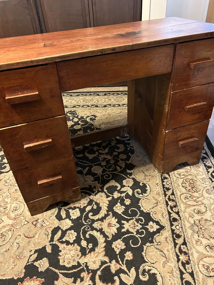 Vintage Wooden Double Pedestal Desk - Rustic Brown Finish with 7 Drawers