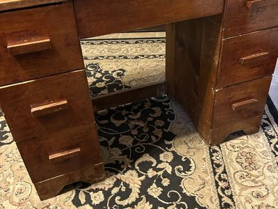 Vintage Wooden Double Pedestal Desk - Rustic Brown Finish with 7 Drawers