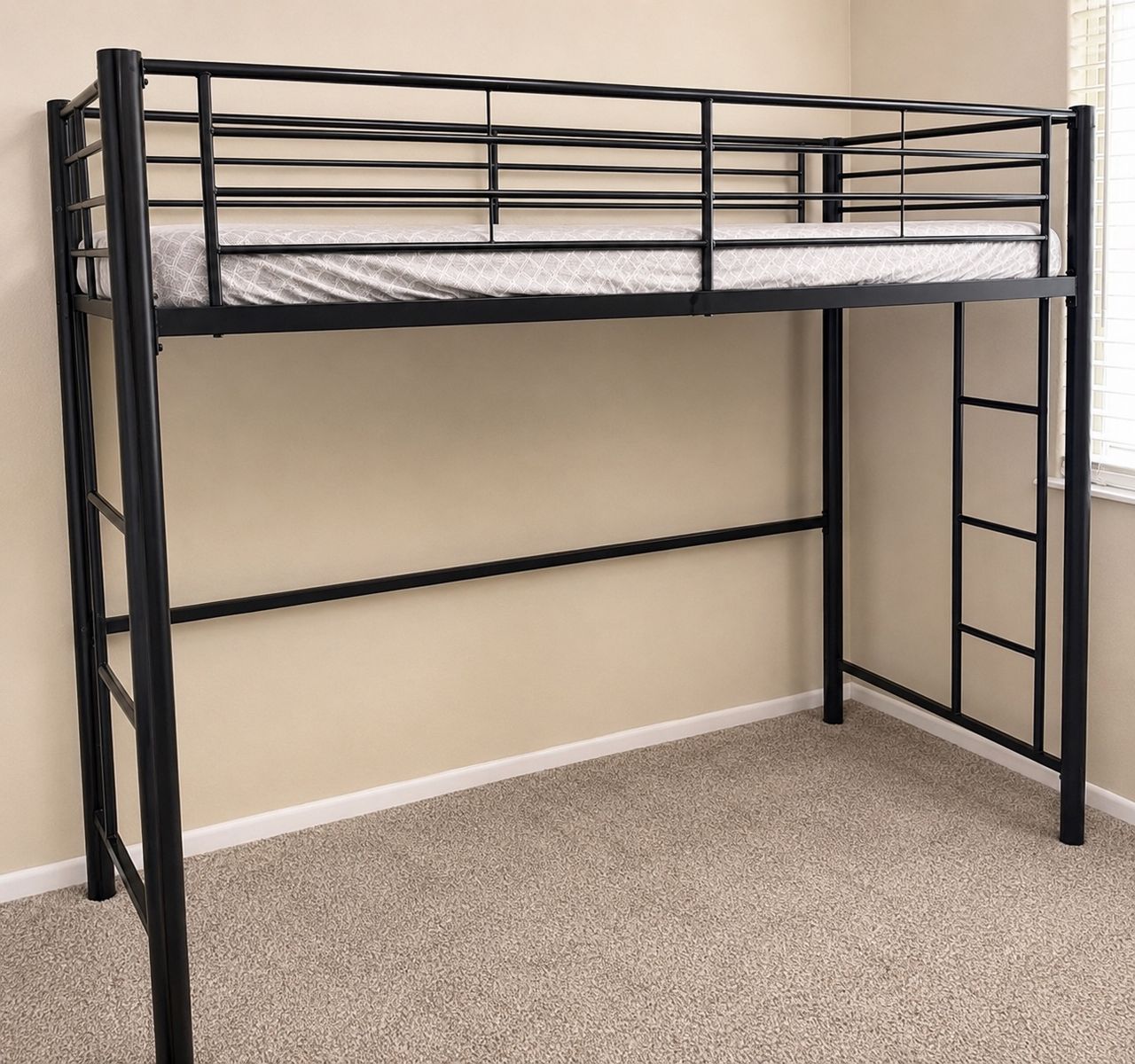 Black Metal Loft Bed Frame - Twin Size, Space-Saving Design with Integrated Ladder
