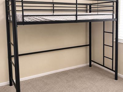 Black Metal Loft Bed Frame - Twin Size, Space-Saving Design with Integrated Ladder