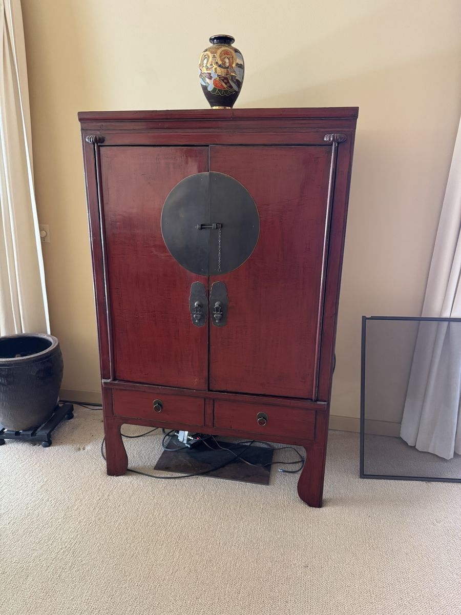 Red Oriental Armoire Cabinet w/ Black Circular Hardware - 2 Doors, 2 Drawers, Storage Shelf