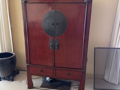 Red Oriental Armoire Cabinet w/ Black Circular Hardware - 2 Doors, 2 Drawers, Storage Shelf