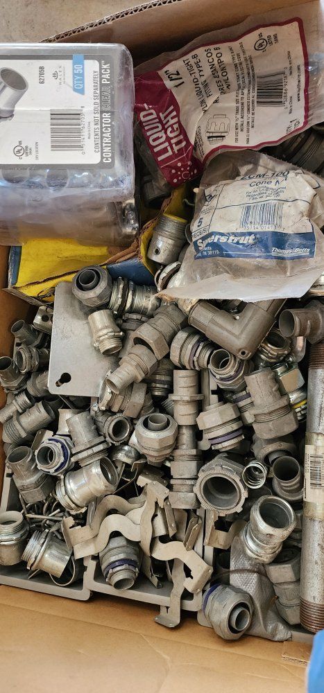 Random box of Assorted Electrical Conduit Fittings & Hardware Lot - Halex, Superstrut, Liquid-Tight
