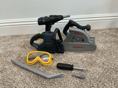 Bosch Toy Tool Set - with lights sounds and motions! Chainsaw, Drill, Saw, Goggles & Pry Bar