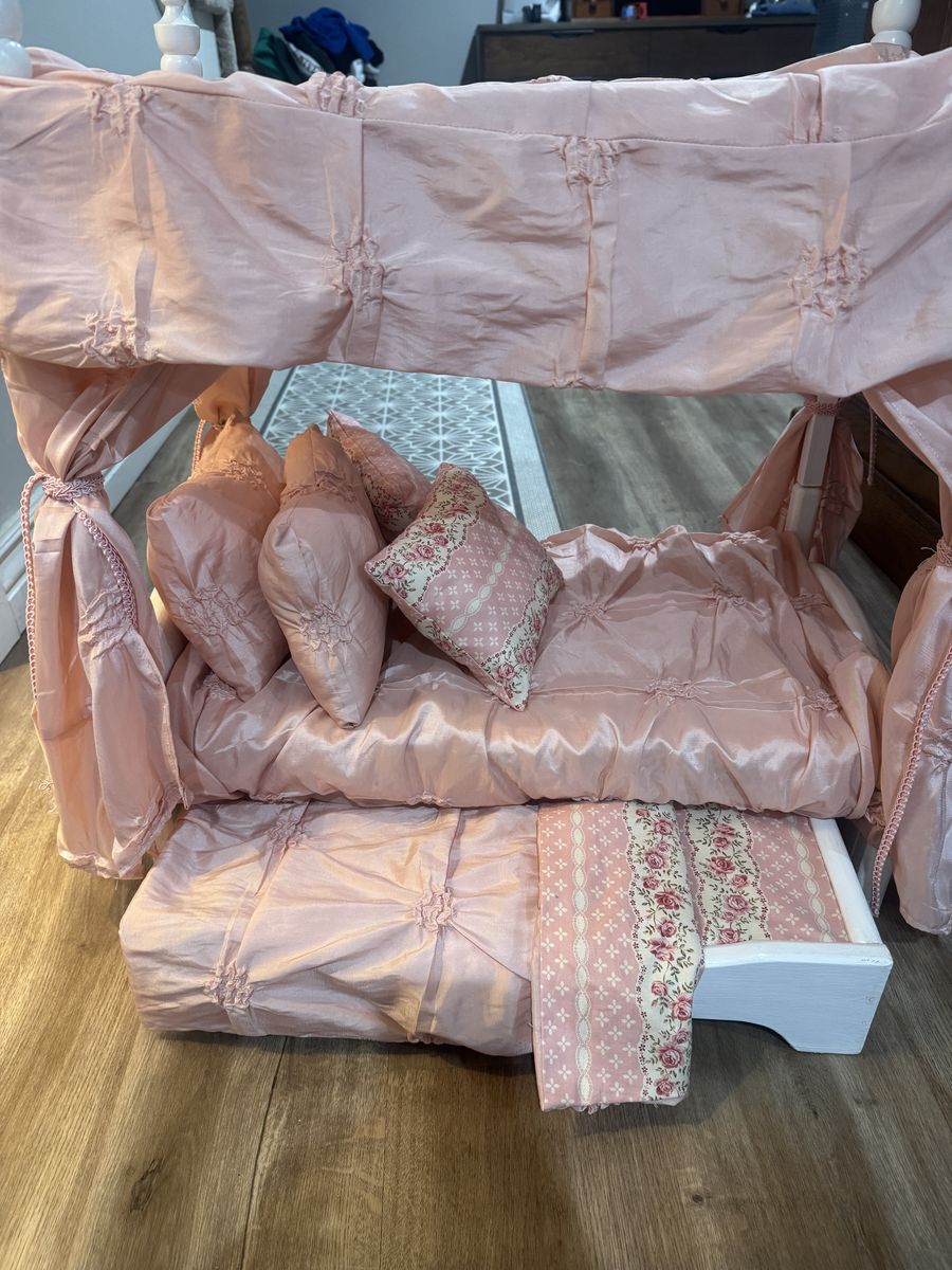 American Girl Doll Canopy Bed with Trundle & Pink Satin Linens