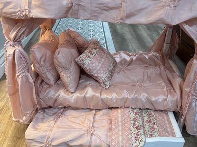American Girl Doll Canopy Bed with Trundle & Pink Satin Linens