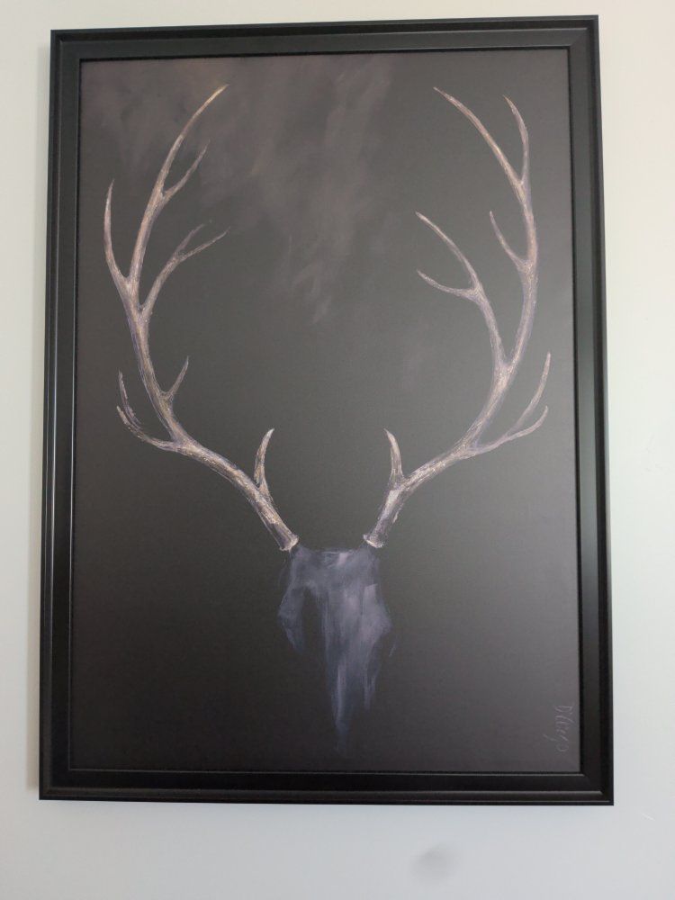 Large Framed Stag Antlers Skull Print Wall Art Decor - Black Frame, Modern Rustic