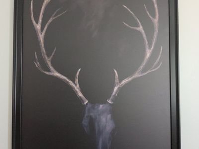 Large Framed Stag Antlers Skull Print Wall Art Decor - Black Frame, Modern Rustic