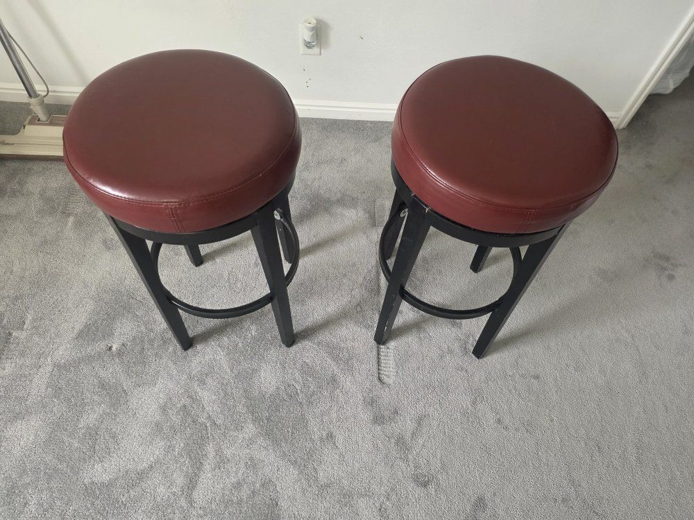 Set of 2 Swivel Bar Stools with Black Wood Frame and Brown Faux Leather Padded Cushion Seats