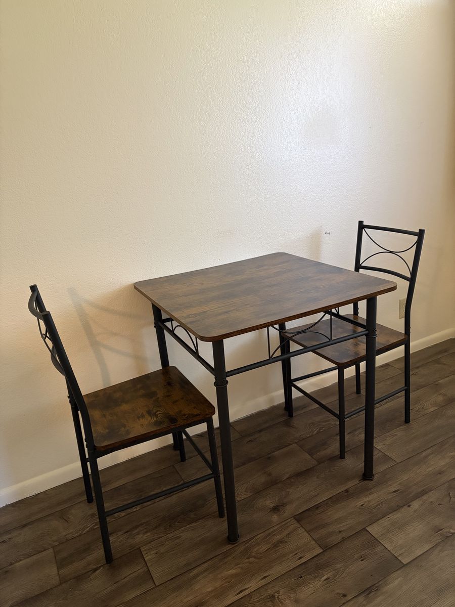Compact Wood & Metal Bistro Dining Table Set w/ 2 Chairs