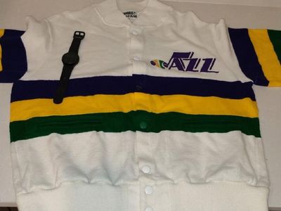 Vintage Utah Jazz Bomber Jacket - White with Green, Yellow, and Blue Stripes, Size 40 Womens