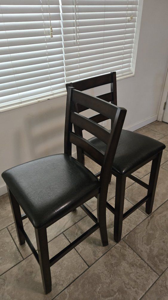 Set of 2 Dark Wood Bar Stools with Black Padded Seats - Counter Height Chairs