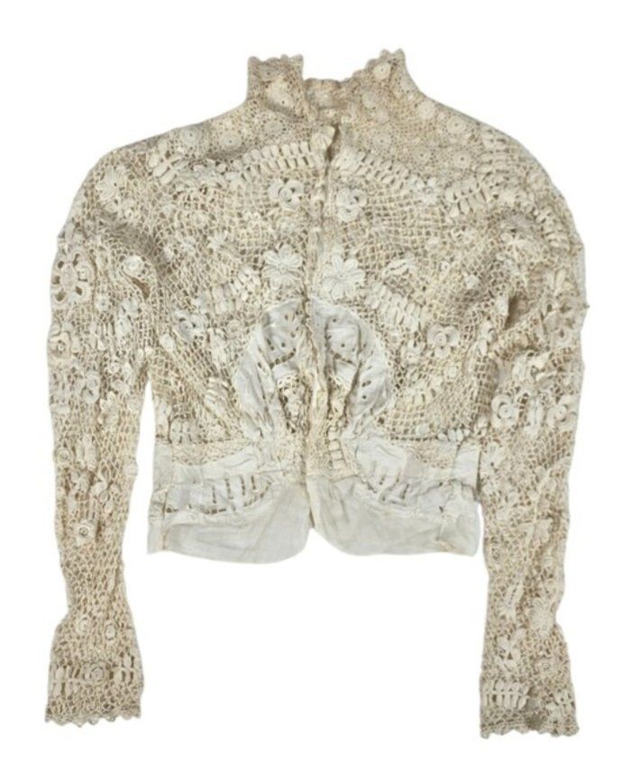 Antique Edwardian Irish Crochet Lace Blouse Bodice High Neck MOPearl Buttons