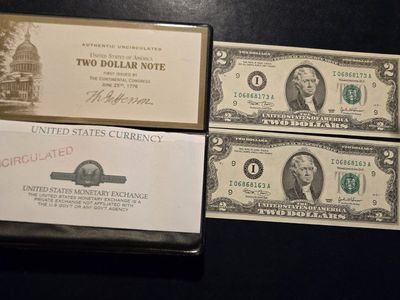 Authentic Uncirculated United States Two Dollar Notes (2)