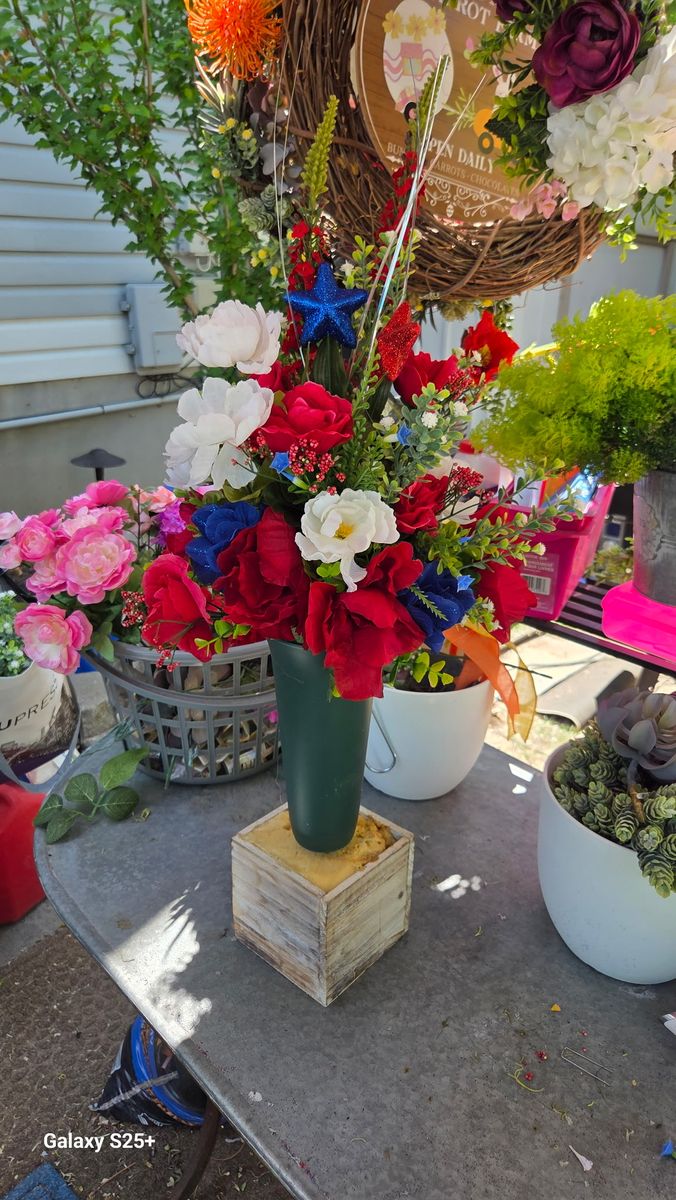 Handmade Patriotic Floral Arrangement - Red, White, & Blue Cemetery Decor
