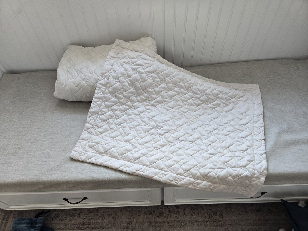 Off White Twin-Sized Quilt with Regular Sham and White & Tan Crocheted Throw Pillow Cover