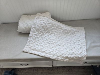 Off White Twin-Sized Quilt with Regular Sham and White & Tan Crocheted Throw Pillow Cover