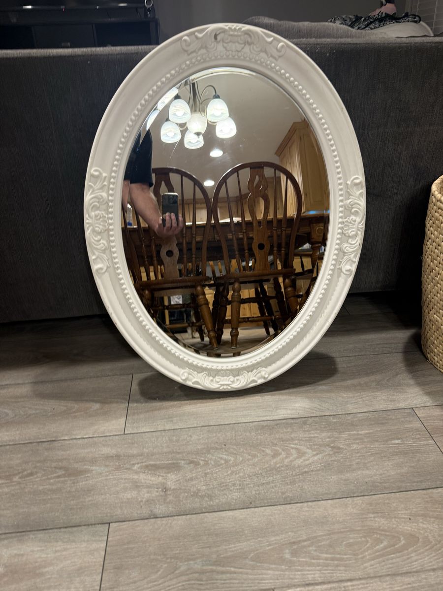 White Oval Ornate Decorative Wall Mirror with Detailed Carved Frame