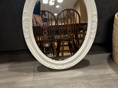 White Oval Ornate Decorative Wall Mirror with Detailed Carved Frame