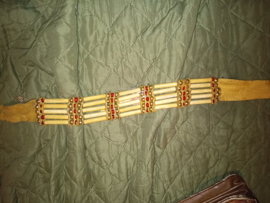 Handmade Native American Style Bone Choker Necklace - Red & Gold Beads