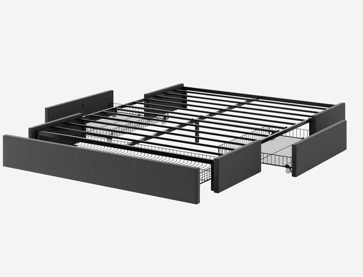 Queen Size Platform Bed Frame w/ Grey Fabric Storage Drawers - No Box Spring Needed