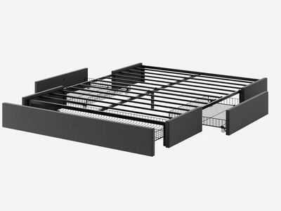 Queen Size Platform Bed Frame w/ Grey Fabric Storage Drawers - No Box Spring Needed