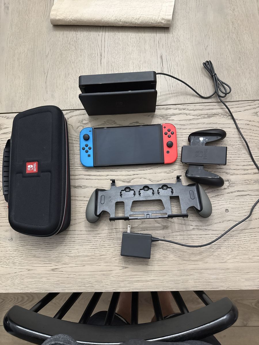 Nintendo Switch OLED model neon blue/ neon red Console w/ Joy-Cons, Dock, Charger, ex & Case - Neon Red/Blue, Used - excellent