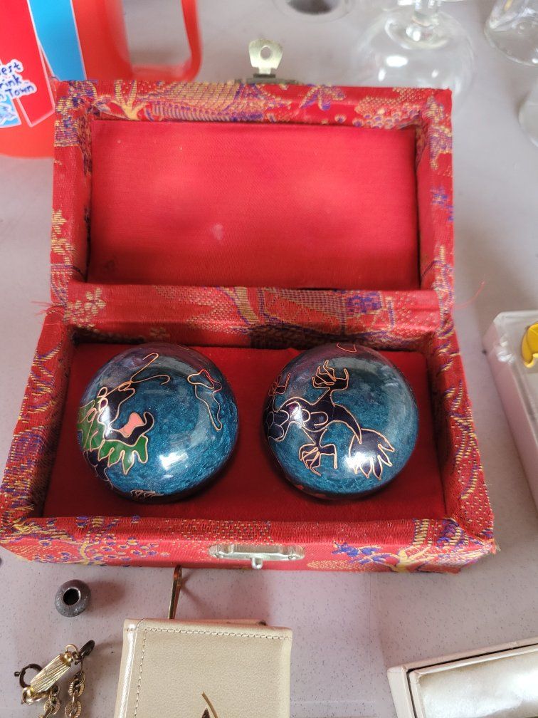 Vintage Cloisonne Chinese Health Baoding Balls in Silk Box