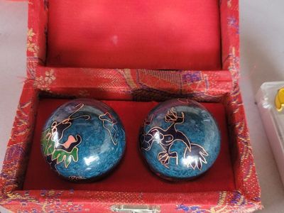 Vintage Cloisonne Chinese Health Baoding Balls in Silk Box