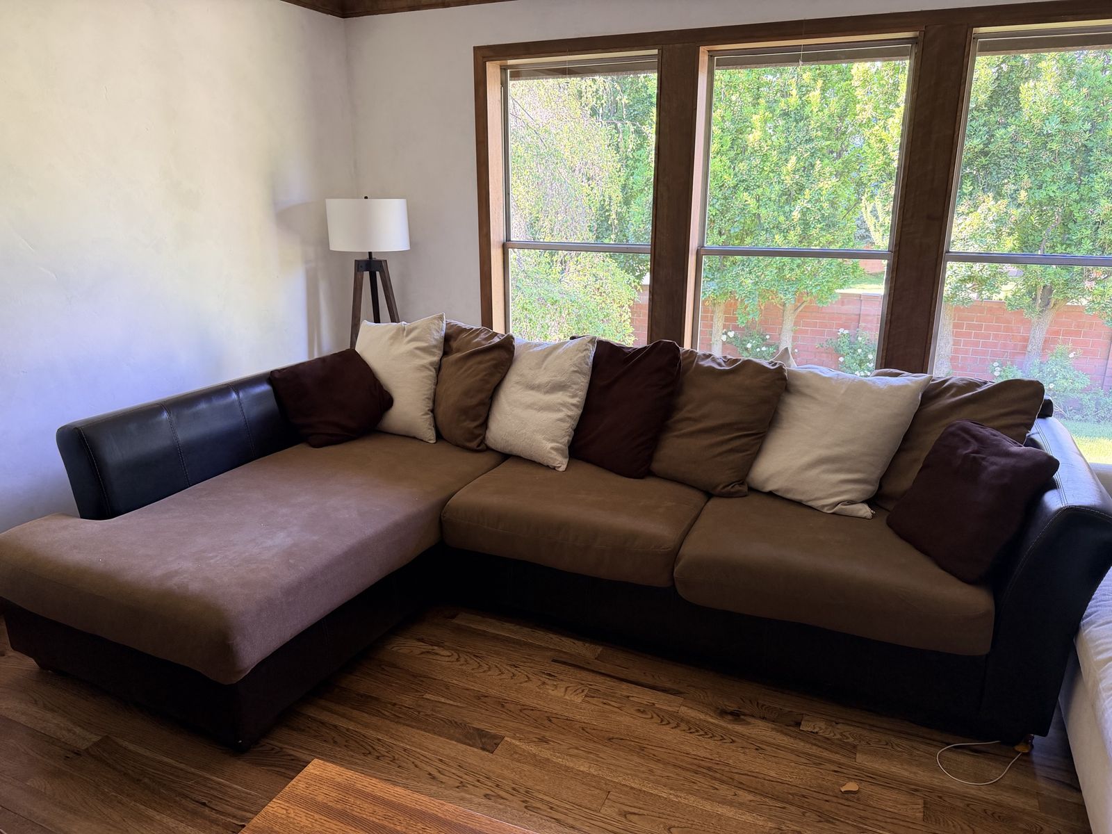 Brown & Black Sectional Sofa Couch with Chaise and Throw Pillows - Used Good Condition