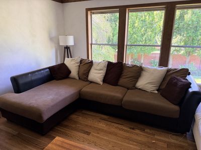 Brown & Black Sectional Sofa Couch with Chaise and Throw Pillows - Used Good Condition