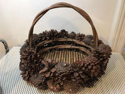 Pinecone and Vine Basket 12”l x 9”w x 9”h Vintage Christmas Holiday Decor and 1 Planter Stick Basket