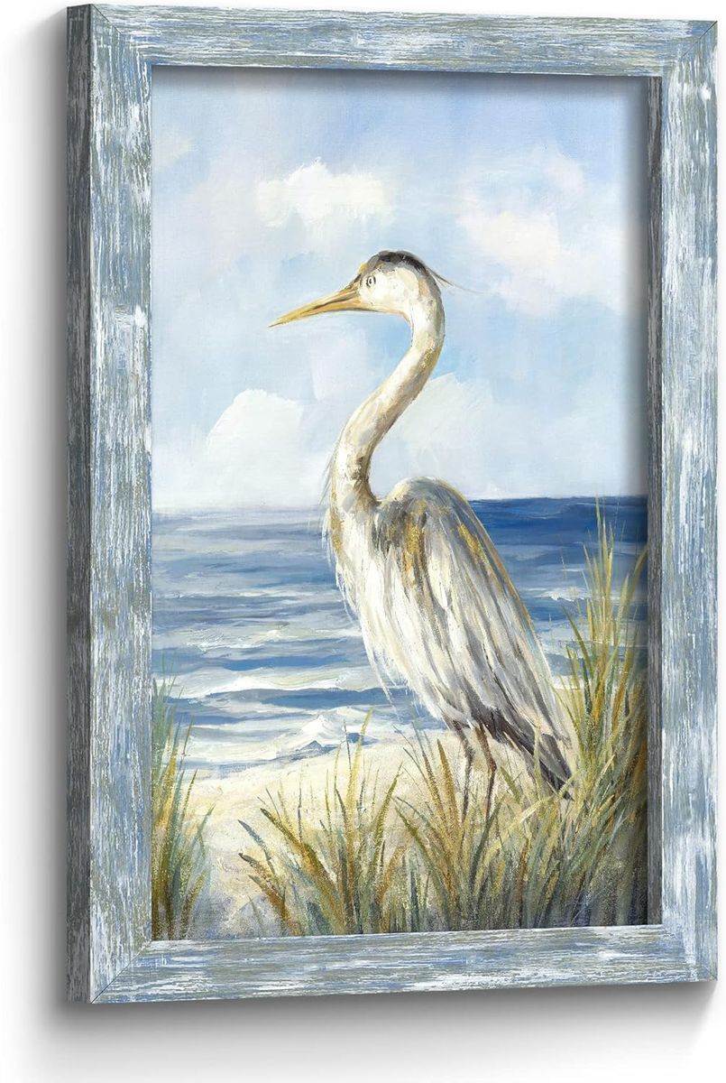 NEW 24x16 Coastal Sea Bird Wall Art: Framed Blue Ocean Scene Picture Heron on Beach
