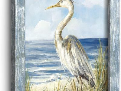 NEW 24x16 Coastal Sea Bird Wall Art: Framed Blue Ocean Scene Picture Heron on Beach