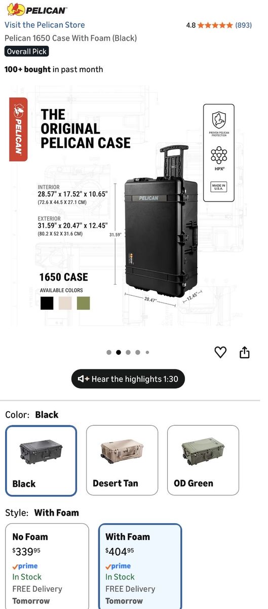 Pelican 1650 Case With Foam (Black)
