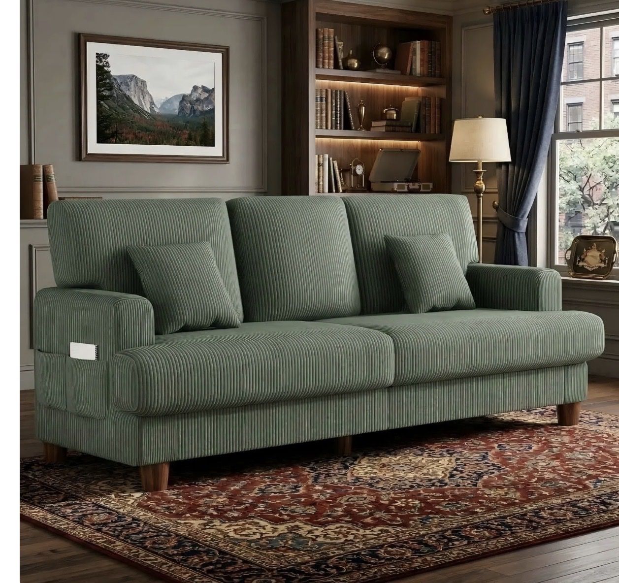 AAQZ 87" Corduroy Sofa Couch for Living Room, 3 Seater Deep Seat Comfy Couch in a Box, 2 Cushions, 2 Pillows Tool-Free Setup,Gre