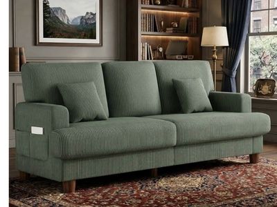 AAQZ 87" Corduroy Sofa Couch for Living Room, 3 Seater Deep Seat Comfy Couch in a Box, 2 Cushions, 2 Pillows Tool-Free Setup,Gre