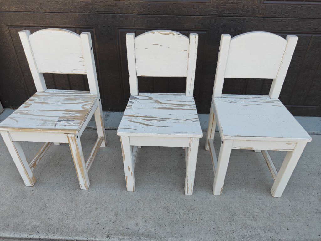 Set of 3 IKEA Distressed White Wooden Children's Chairs