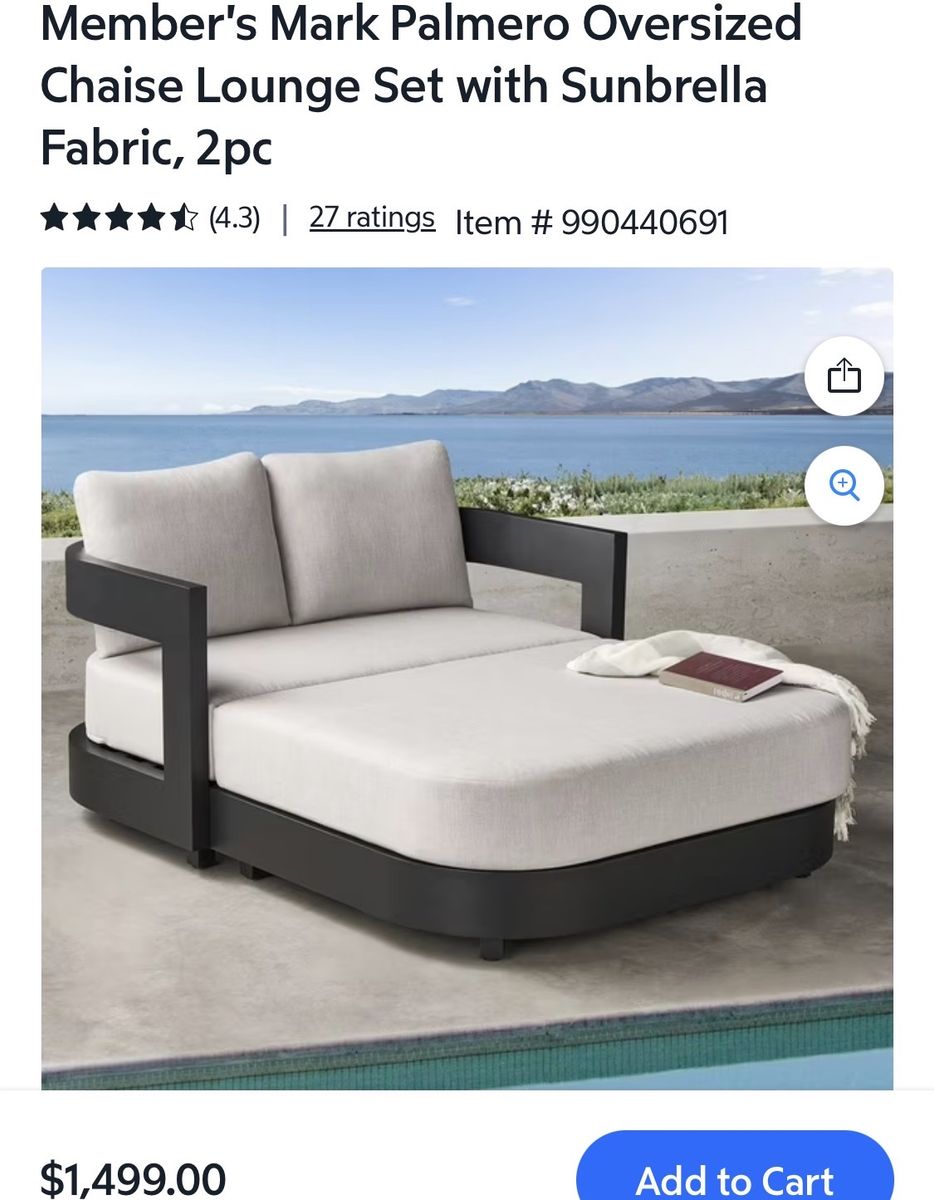 Member's Mark Palmero Oversized Chaise Lounge Set w/ Sunbrella Fabric - 2pc Patio Daybed